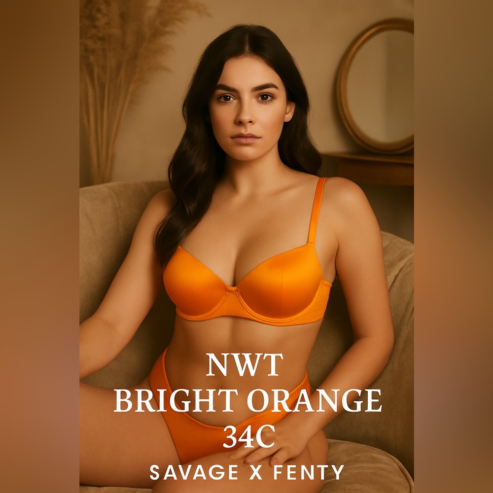 NWT Savage X Fenty Orange Satin Bra 34C • Logo Band • Underwire